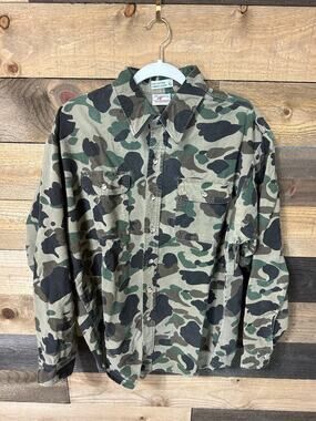 PRENTISS OUTDOORS Vtg Men’s 100% Cotton Chamois Frog Skin Camo Shirt Size XL